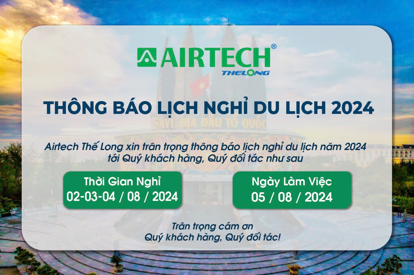 Thông báo lịch nghỉ mát công ty Airtech Thế Long